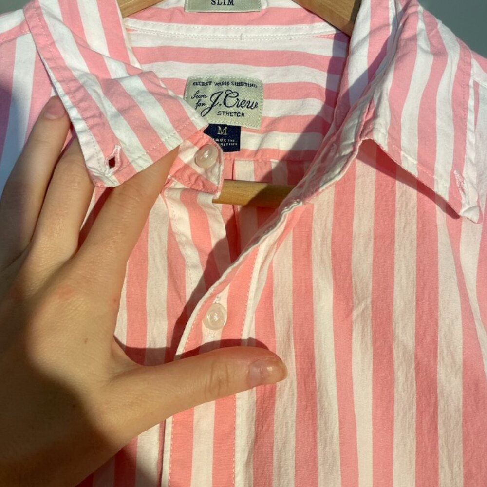 J.Crew Men’s Classic Fit Secret Wash Button Up Shirt Pink Stripe Slim M Stretch - Picture 5 of 9